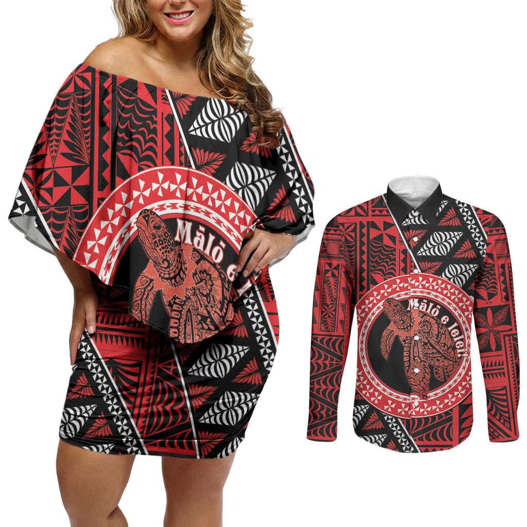 Personalised Tonga Language Week Couples Matching Off Shoulder Short Dress and Long Sleeve Button Shirt Heilala Turtle Malo E Lelei