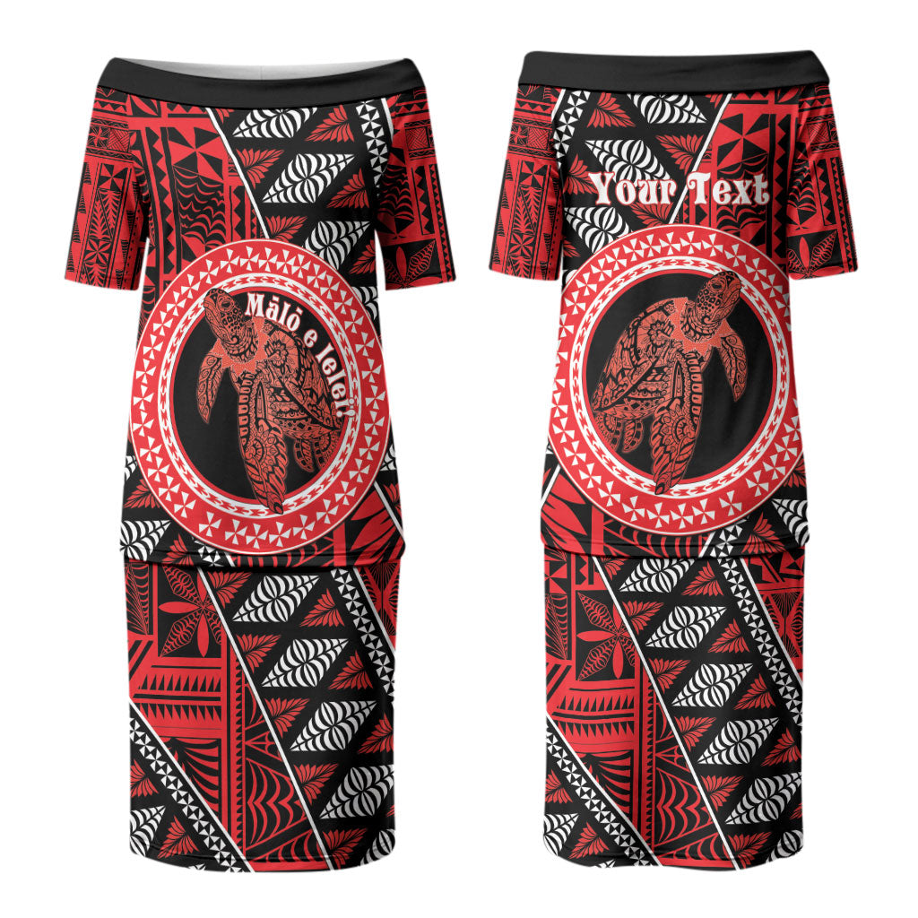 Personalised Tonga Language Week Couples Matching Puletasi and Long Sleeve Button Shirt Heilala Turtle Malo E Lelei