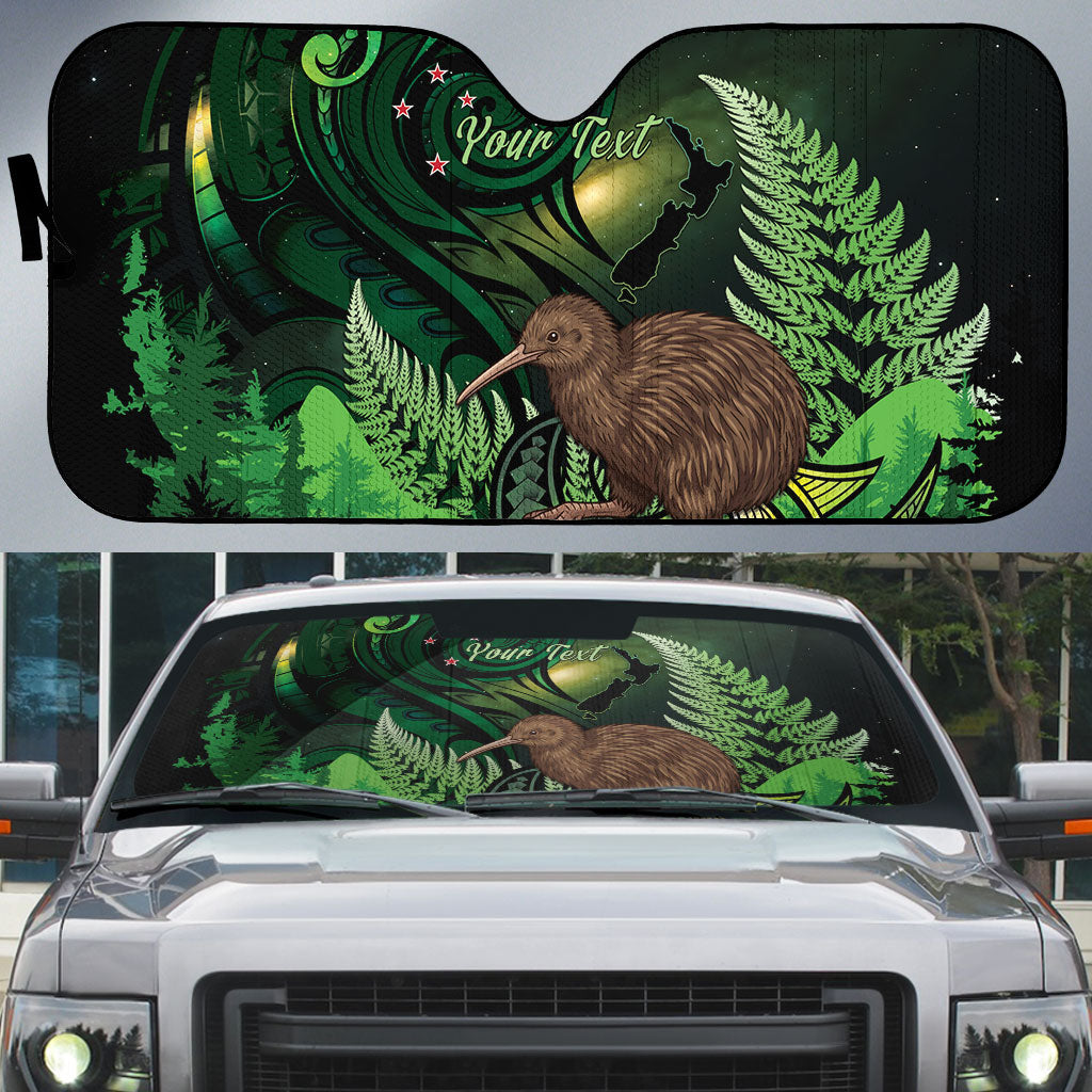 Kiwi New Zealand Personalised Auto Sun Shade Aotearoa Map Silver Fern Koru Pattern LT22 Green - Polynesian Pride