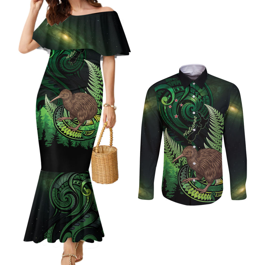 Kiwi New Zealand Personalised Couples Matching Mermaid Dress and Long Sleeve Button Shirt Aotearoa Map Silver Fern Koru Pattern
