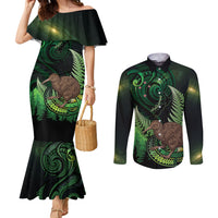 Kiwi New Zealand Personalised Couples Matching Mermaid Dress and Long Sleeve Button Shirt Aotearoa Map Silver Fern Koru Pattern