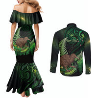 Kiwi New Zealand Personalised Couples Matching Mermaid Dress and Long Sleeve Button Shirt Aotearoa Map Silver Fern Koru Pattern