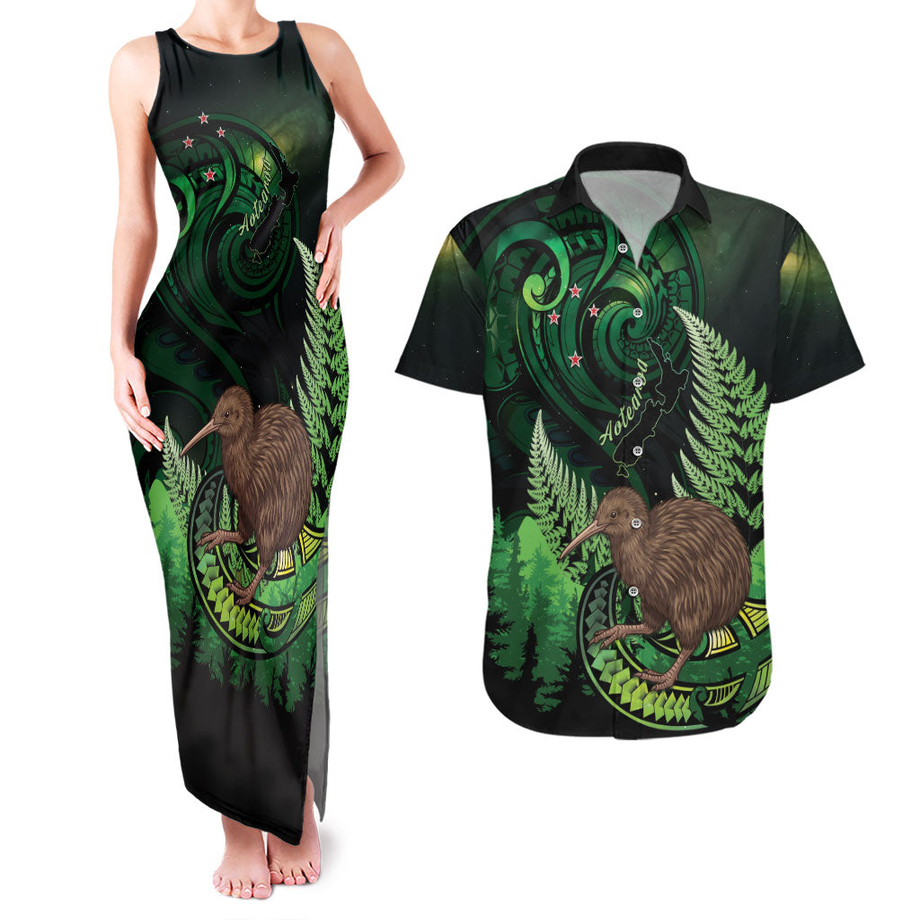 Kiwi New Zealand Personalised Couples Matching Tank Maxi Dress and Hawaiian Shirt Aotearoa Map Silver Fern Koru Pattern