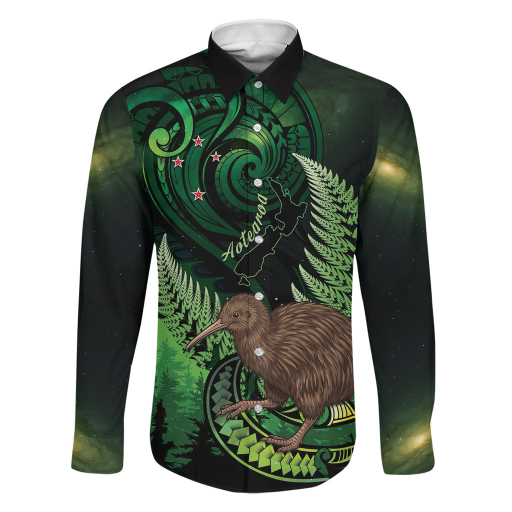 Kiwi New Zealand Personalised Family Matching Long Sleeve Bodycon Dress and Hawaiian Shirt Aotearoa Map Silver Fern Koru Pattern LT22 Dad's Shirt - Long Sleeve Green - Polynesian Pride
