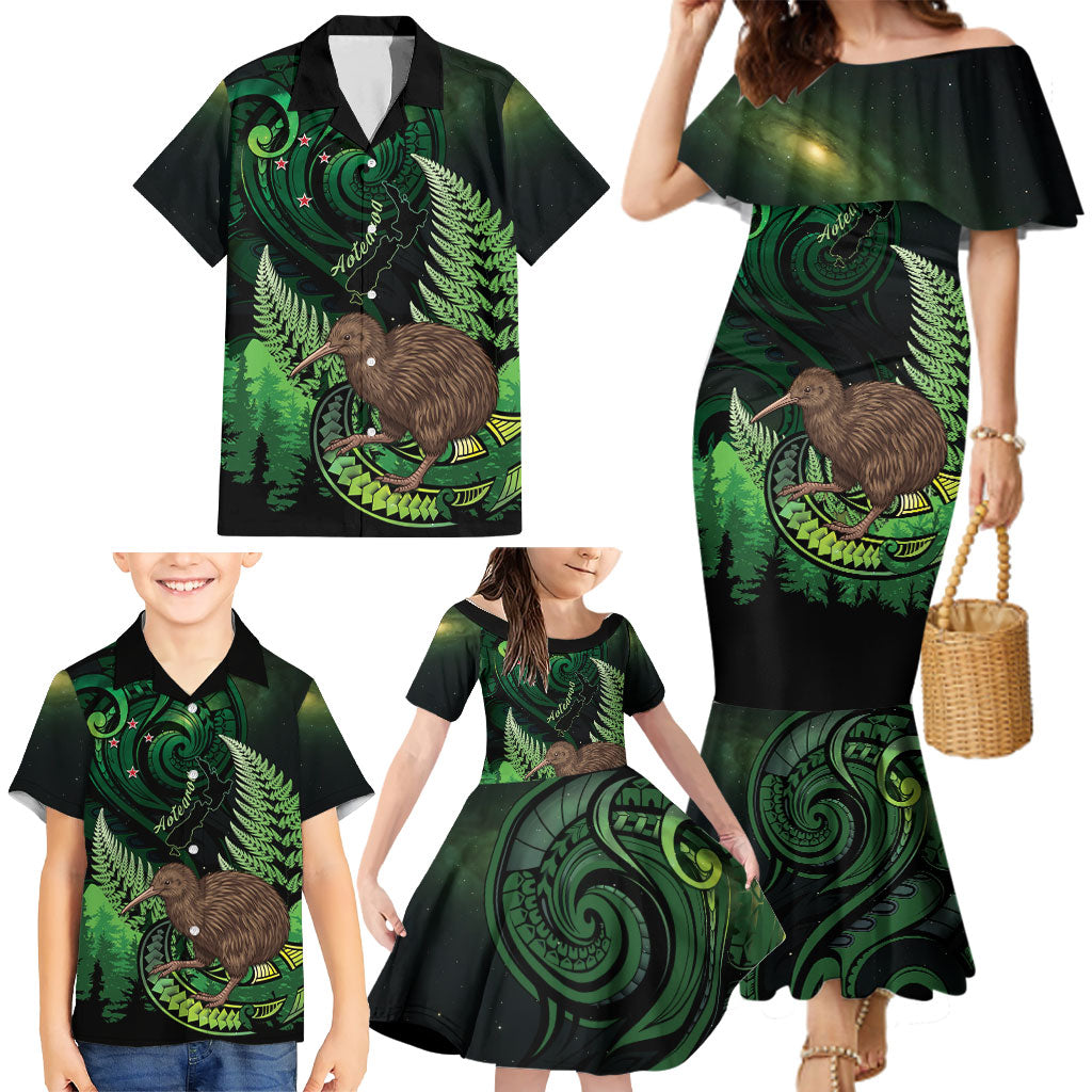 Kiwi New Zealand Personalised Family Matching Mermaid Dress and Hawaiian Shirt Aotearoa Map Silver Fern Koru Pattern