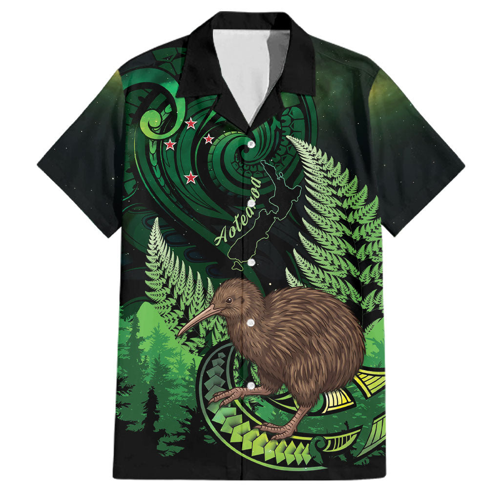 Kiwi New Zealand Personalised Family Matching Off Shoulder Short Dress and Hawaiian Shirt Aotearoa Map Silver Fern Koru Pattern LT22 Dad's Shirt - Short Sleeve Green - Polynesian Pride