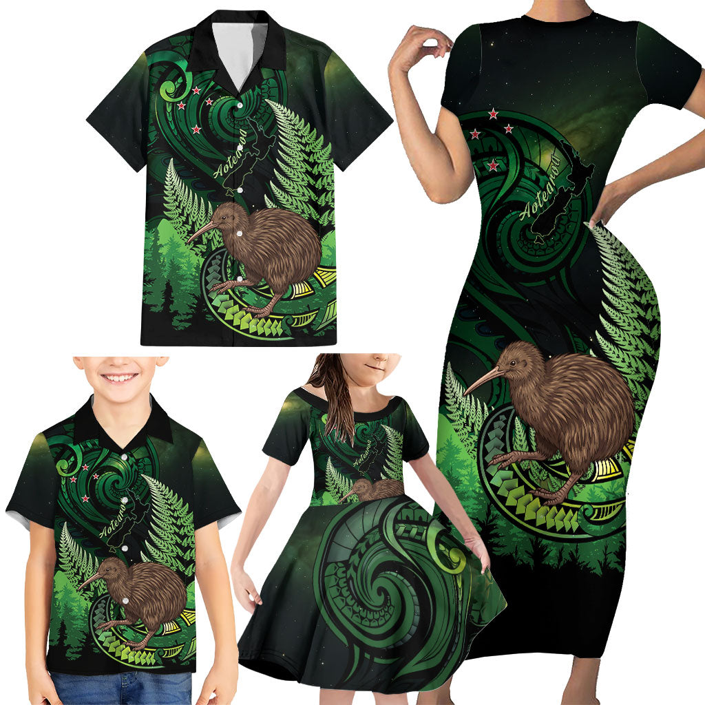 Kiwi New Zealand Personalised Family Matching Short Sleeve Bodycon Dress and Hawaiian Shirt Aotearoa Map Silver Fern Koru Pattern