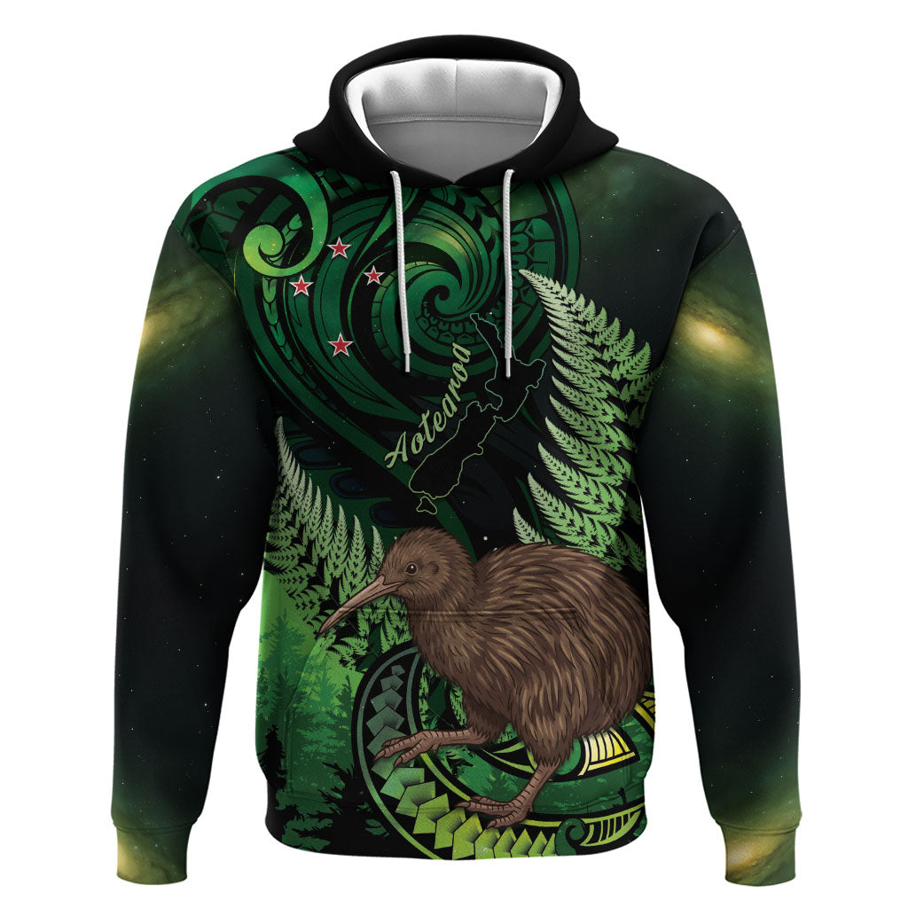 Kiwi New Zealand Personalised Hoodie Aotearoa Map Silver Fern Koru Pattern