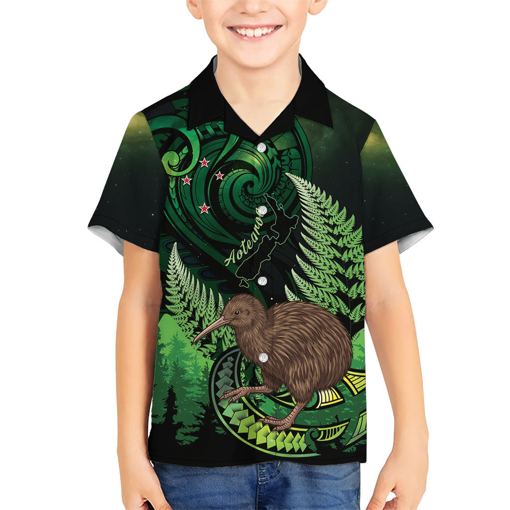 Kiwi New Zealand Personalised Kid Hawaiian Shirt Aotearoa Map Silver Fern Koru Pattern