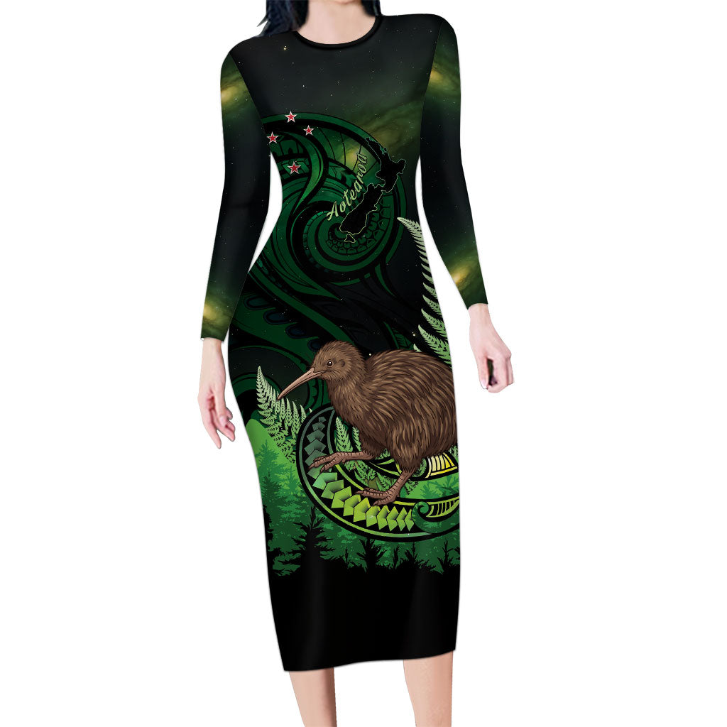 Kiwi New Zealand Personalised Long Sleeve Bodycon Dress Aotearoa Map Silver Fern Koru Pattern LT22 Long Dress Green - Polynesian Pride