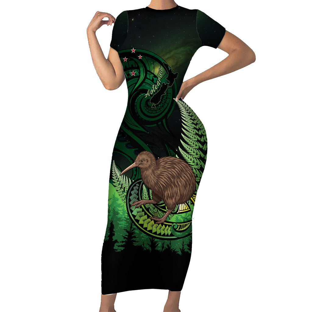 Kiwi New Zealand Personalised Short Sleeve Bodycon Dress Aotearoa Map Silver Fern Koru Pattern