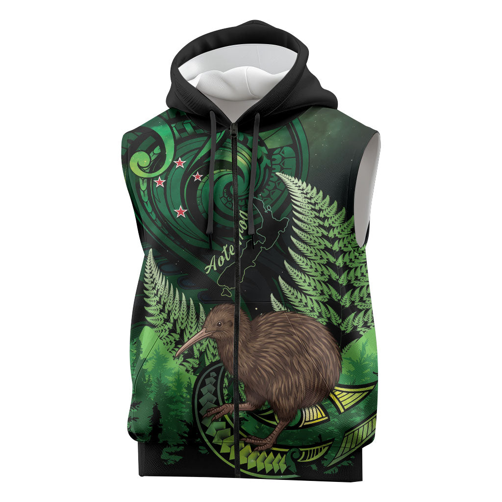 Kiwi New Zealand Personalised Sleeveless Zip Hoodie Aotearoa Map Silver Fern Koru Pattern LT22 Green - Polynesian Pride