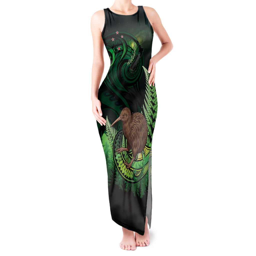 Kiwi New Zealand Personalised Tank Maxi Dress Aotearoa Map Silver Fern Koru Pattern