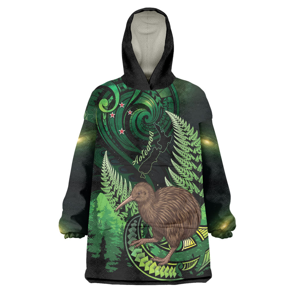 Kiwi New Zealand Personalised Wearable Blanket Hoodie Aotearoa Map Silver Fern Koru Pattern LT22 One Size Green - Polynesian Pride