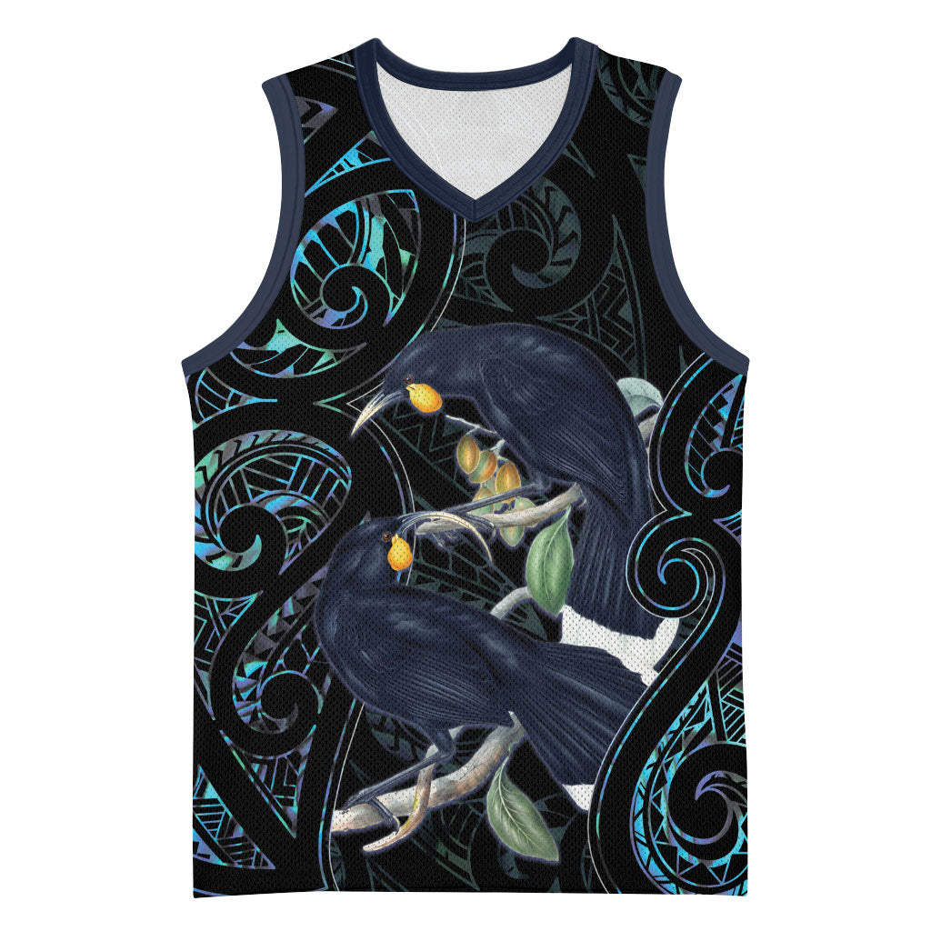 New Zealand Huia Bird Basketball Jersey Paua Shell Maori Pattern