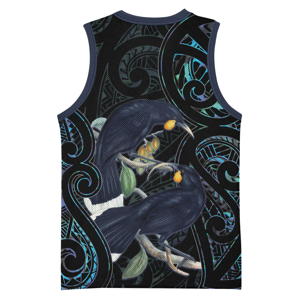 New Zealand Huia Bird Basketball Jersey Paua Shell Maori Pattern