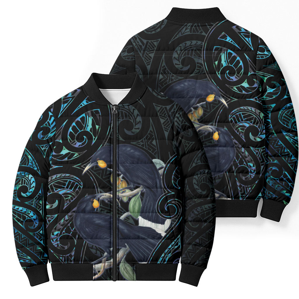 New Zealand Huia Bird Bomber Puffer Jacket Paua Shell Maori Pattern
