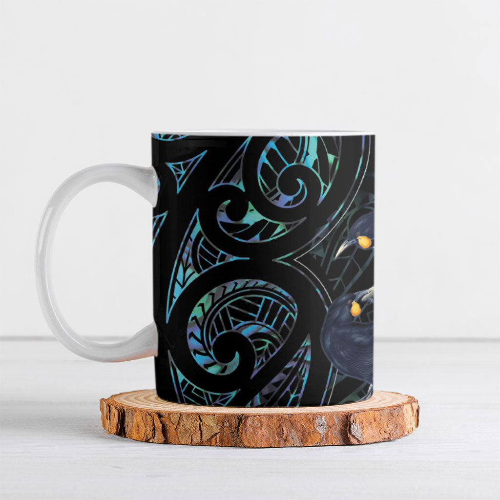 New Zealand Huia Bird Ceramic Mug Paua Shell Maori Pattern