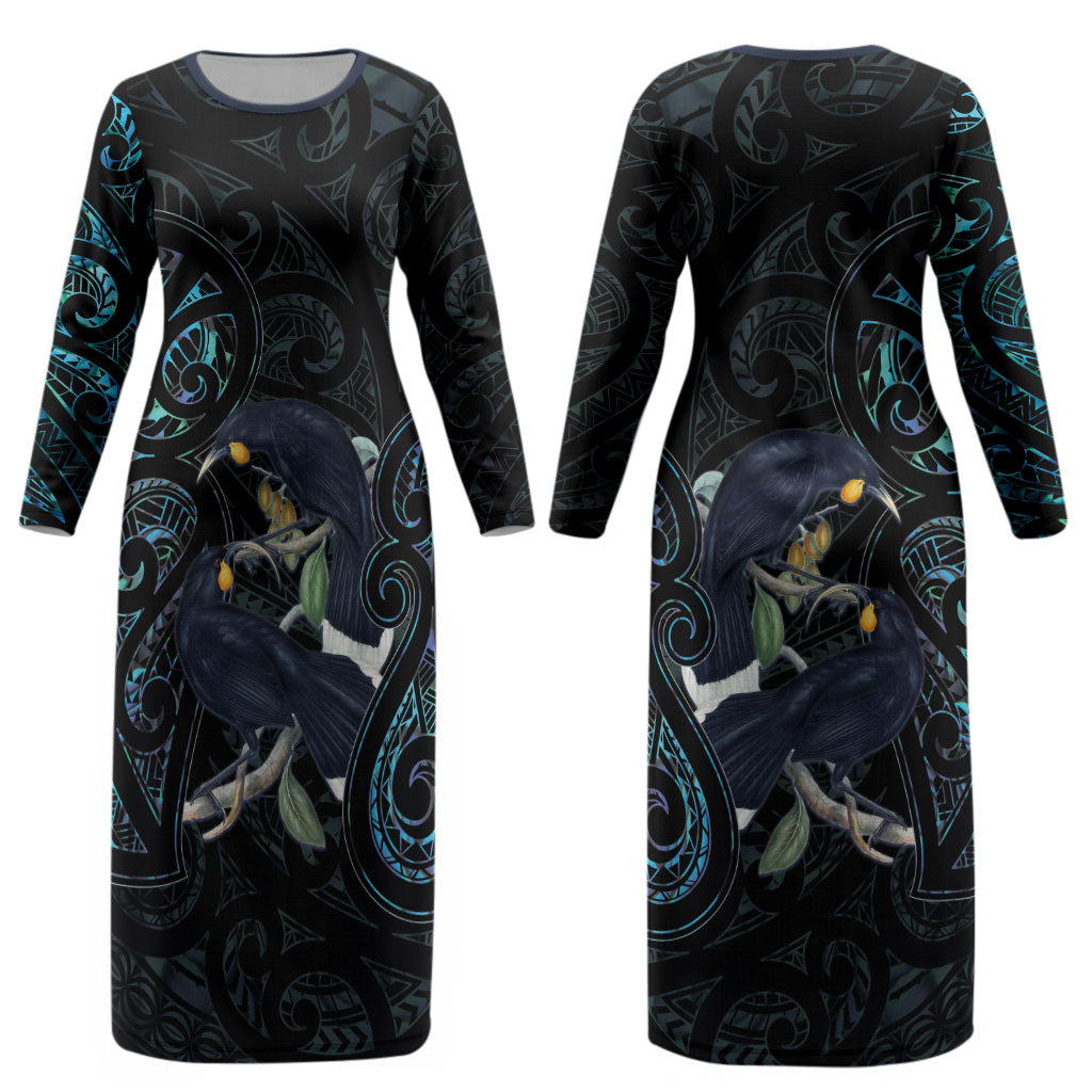 New Zealand Huia Bird Couples Matching Long Sleeve Bodycon Dress and Hawaiian Shirt Paua Shell Maori Pattern LT22 - Polynesian Pride