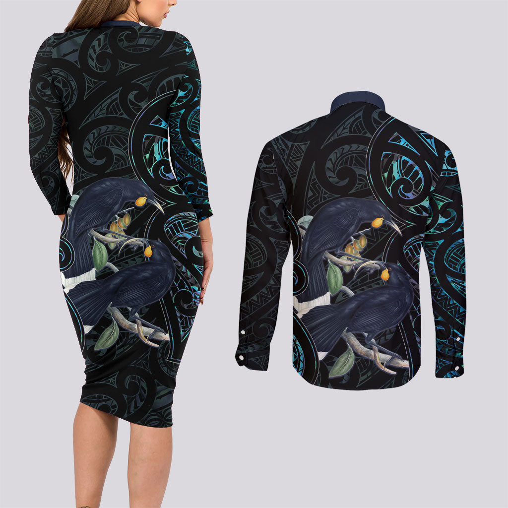 New Zealand Huia Bird Couples Matching Long Sleeve Bodycon Dress and Long Sleeve Button Shirt Paua Shell Maori Pattern