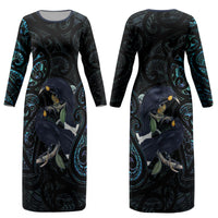 New Zealand Huia Bird Couples Matching Long Sleeve Bodycon Dress and Long Sleeve Button Shirt Paua Shell Maori Pattern LT22 - Polynesian Pride