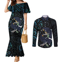 New Zealand Huia Bird Couples Matching Mermaid Dress and Long Sleeve Button Shirt Paua Shell Maori Pattern