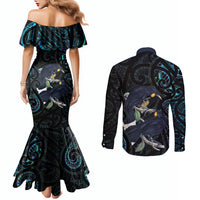 New Zealand Huia Bird Couples Matching Mermaid Dress and Long Sleeve Button Shirt Paua Shell Maori Pattern