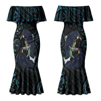 New Zealand Huia Bird Couples Matching Mermaid Dress and Long Sleeve Button Shirt Paua Shell Maori Pattern LT22 - Polynesian Pride