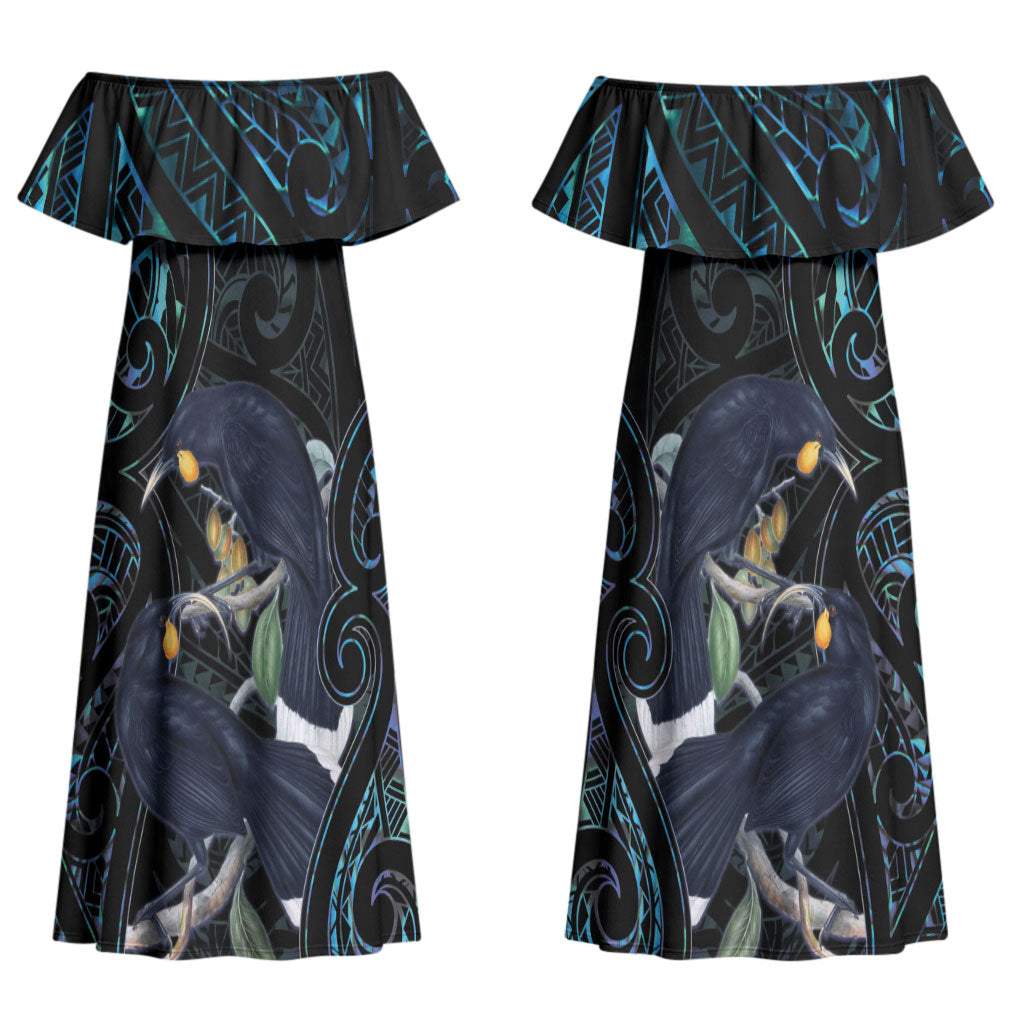 New Zealand Huia Bird Couples Matching Off Shoulder Maxi Dress and Long Sleeve Button Shirt Paua Shell Maori Pattern LT22 - Polynesian Pride