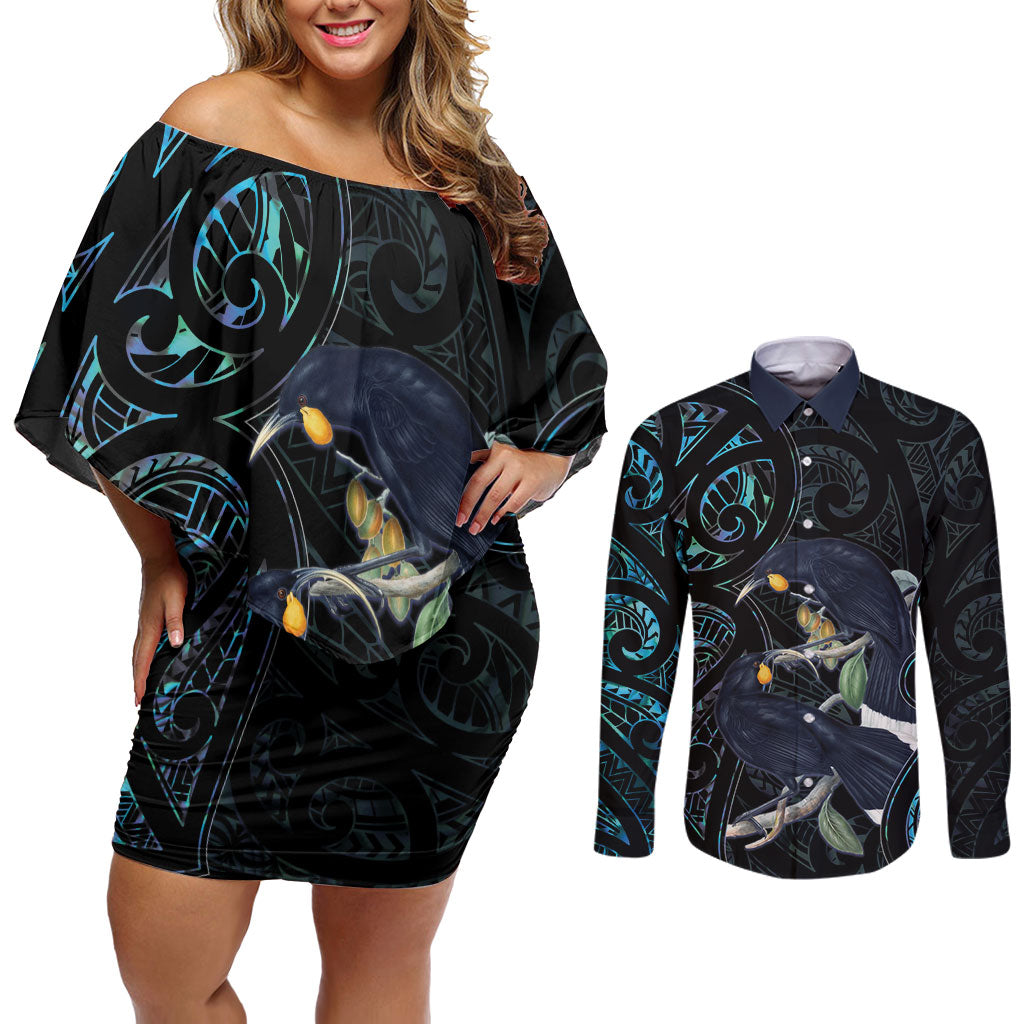 New Zealand Huia Bird Couples Matching Off Shoulder Short Dress and Long Sleeve Button Shirt Paua Shell Maori Pattern
