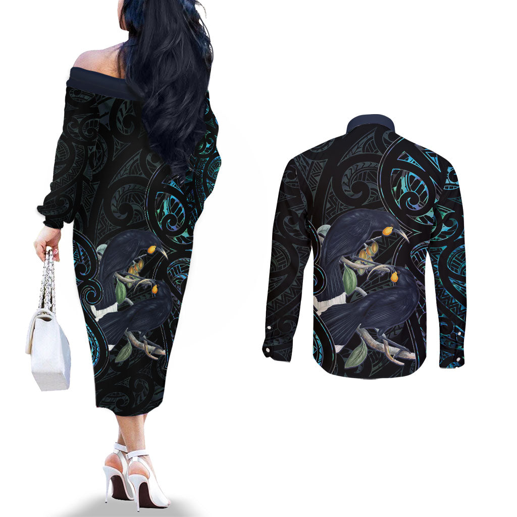 New Zealand Huia Bird Couples Matching Off The Shoulder Long Sleeve Dress and Long Sleeve Button Shirt Paua Shell Maori Pattern