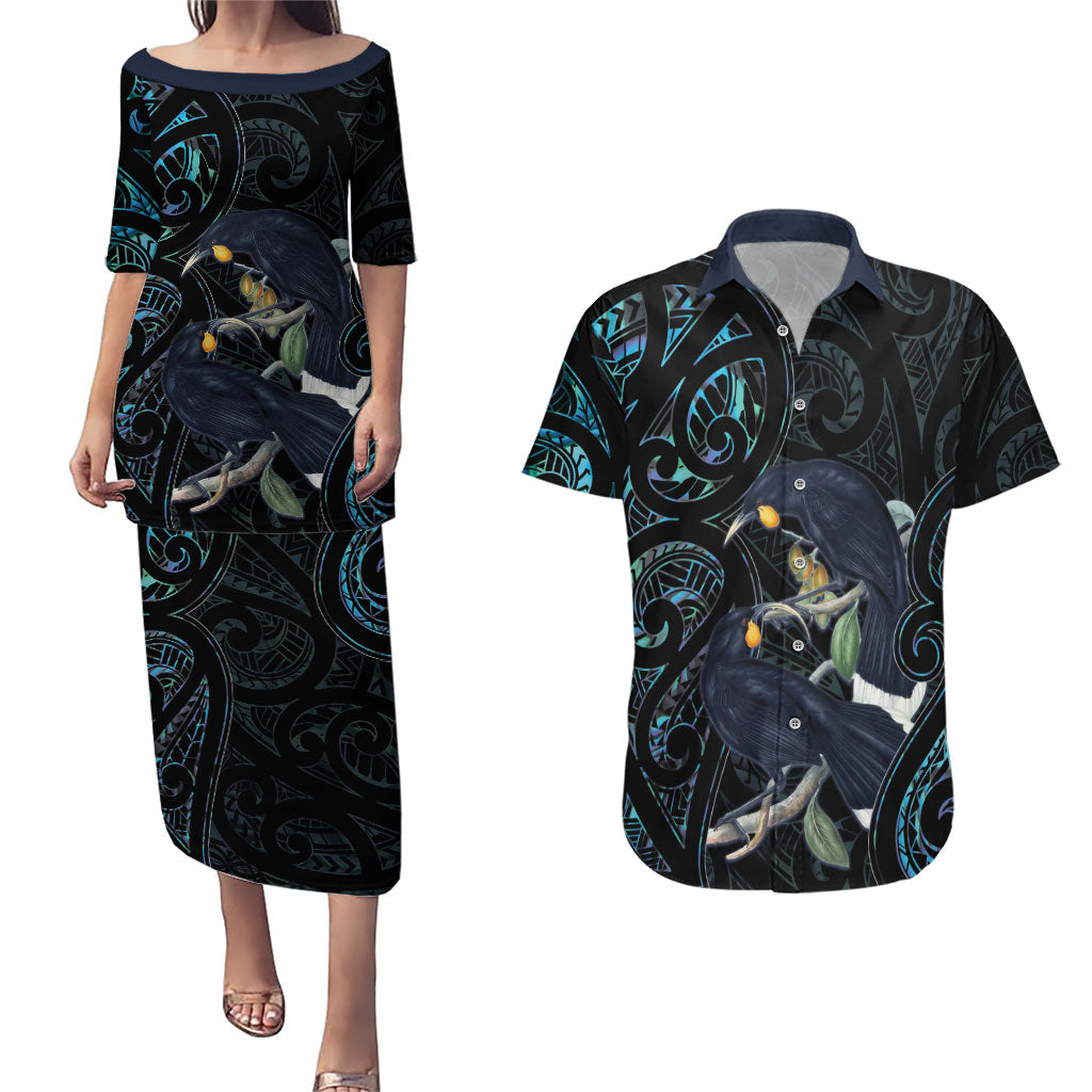 New Zealand Huia Bird Couples Matching Puletasi and Hawaiian Shirt Paua Shell Maori Pattern