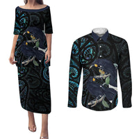 New Zealand Huia Bird Couples Matching Puletasi and Long Sleeve Button Shirt Paua Shell Maori Pattern