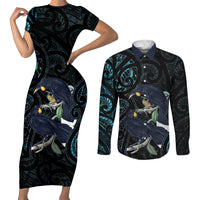 New Zealand Huia Bird Couples Matching Short Sleeve Bodycon Dress and Long Sleeve Button Shirt Paua Shell Maori Pattern