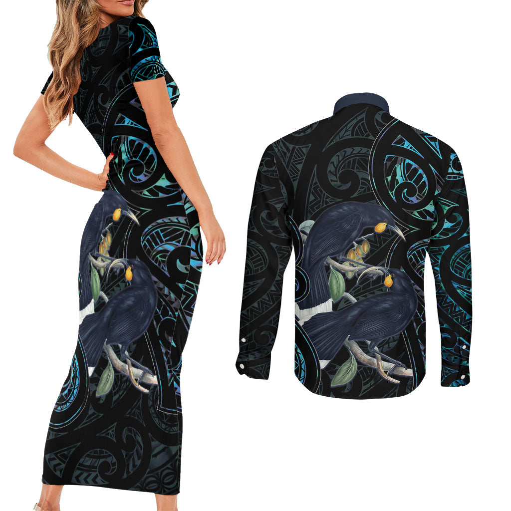 New Zealand Huia Bird Couples Matching Short Sleeve Bodycon Dress and Long Sleeve Button Shirt Paua Shell Maori Pattern