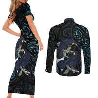 New Zealand Huia Bird Couples Matching Short Sleeve Bodycon Dress and Long Sleeve Button Shirt Paua Shell Maori Pattern