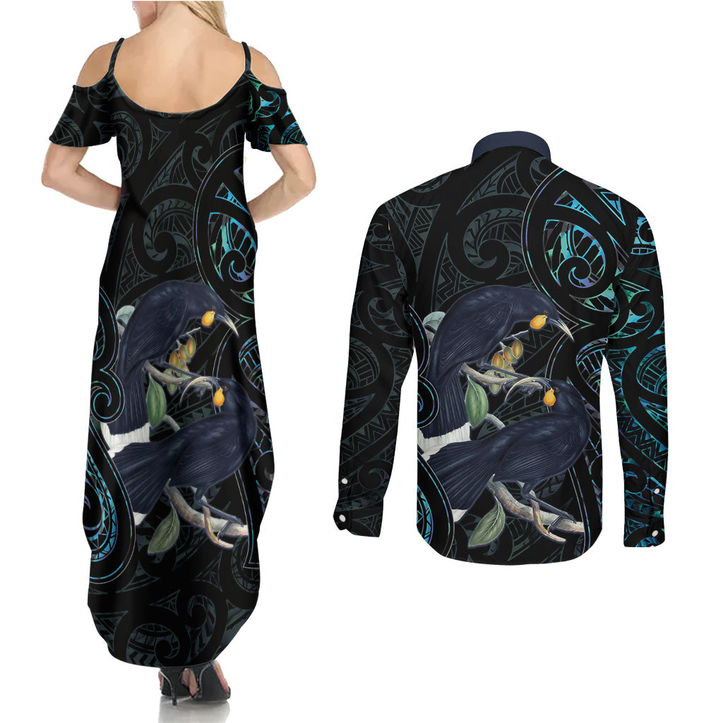 New Zealand Huia Bird Couples Matching Summer Maxi Dress and Long Sleeve Button Shirt Paua Shell Maori Pattern