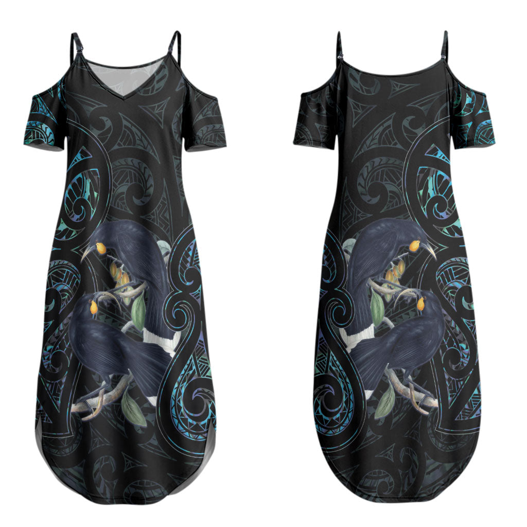 New Zealand Huia Bird Couples Matching Summer Maxi Dress and Long Sleeve Button Shirt Paua Shell Maori Pattern LT22 - Polynesian Pride