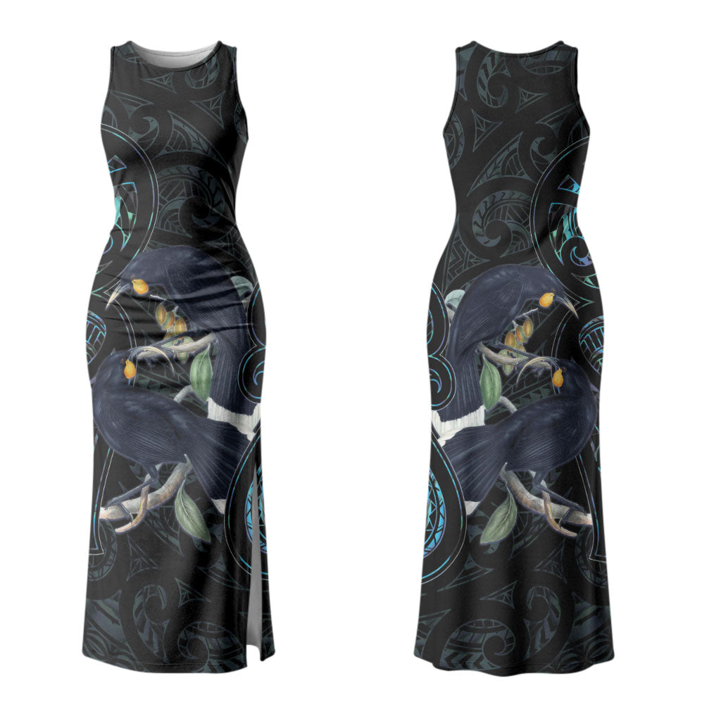 New Zealand Huia Bird Couples Matching Tank Maxi Dress and Hawaiian Shirt Paua Shell Maori Pattern LT22 - Polynesian Pride