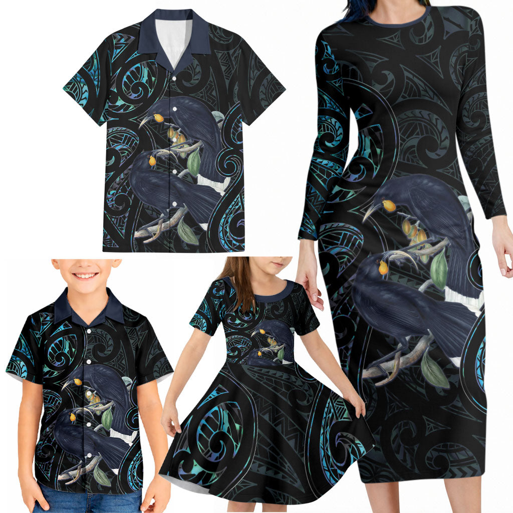 New Zealand Huia Bird Family Matching Long Sleeve Bodycon Dress and Hawaiian Shirt Paua Shell Maori Pattern LT22 - Polynesian Pride