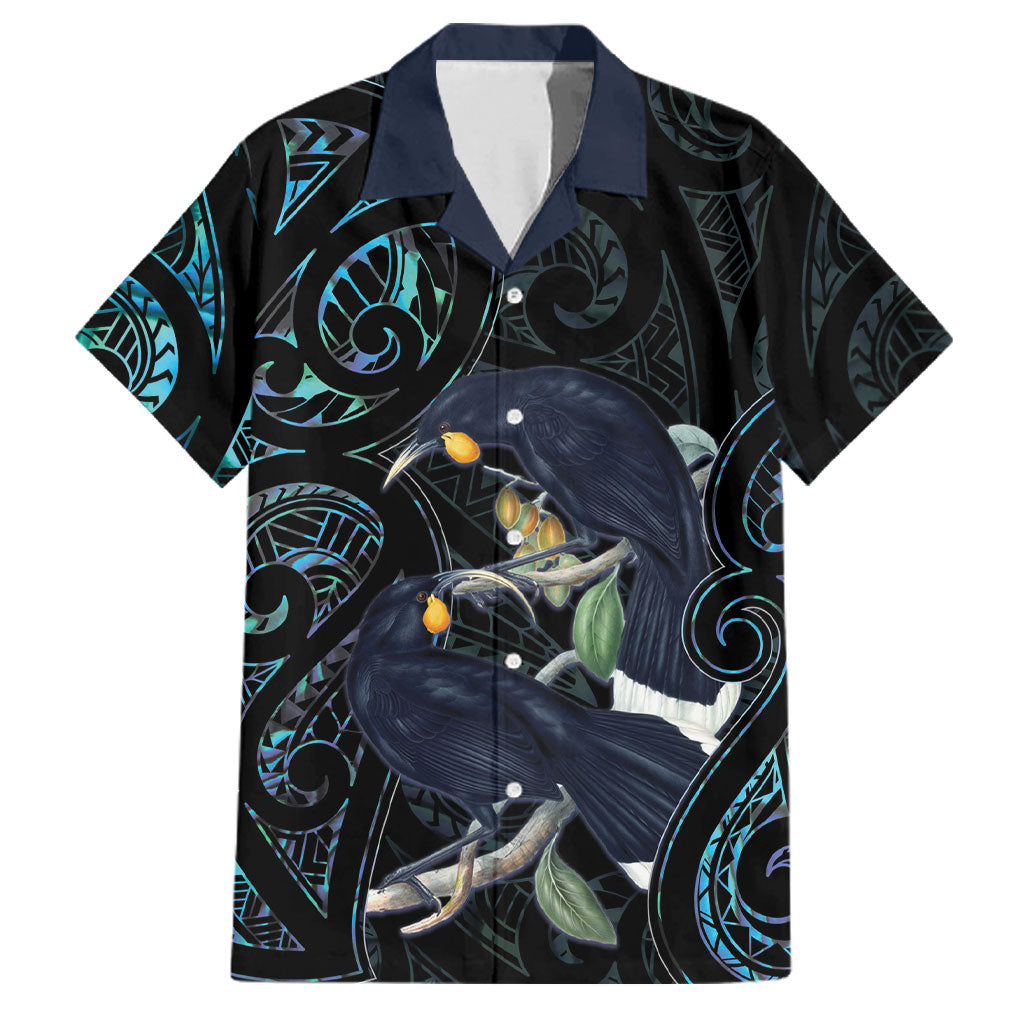 New Zealand Huia Bird Family Matching Long Sleeve Bodycon Dress and Hawaiian Shirt Paua Shell Maori Pattern