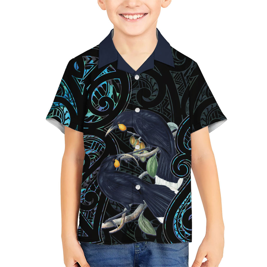 New Zealand Huia Bird Family Matching Long Sleeve Bodycon Dress and Hawaiian Shirt Paua Shell Maori Pattern