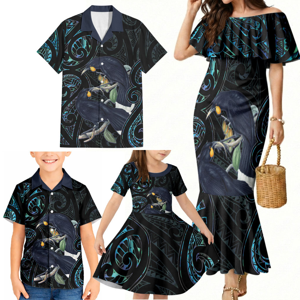 New Zealand Huia Bird Family Matching Mermaid Dress and Hawaiian Shirt Paua Shell Maori Pattern LT22 - Polynesian Pride