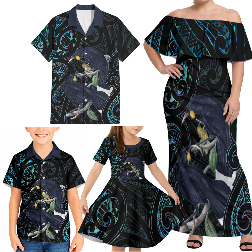 New Zealand Huia Bird Family Matching Off Shoulder Maxi Dress and Hawaiian Shirt Paua Shell Maori Pattern LT22 - Polynesian Pride
