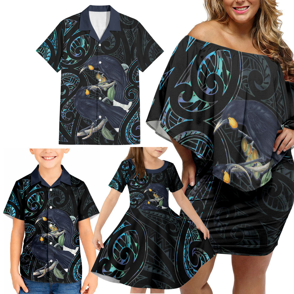 New Zealand Huia Bird Family Matching Off Shoulder Short Dress and Hawaiian Shirt Paua Shell Maori Pattern LT22 - Polynesian Pride
