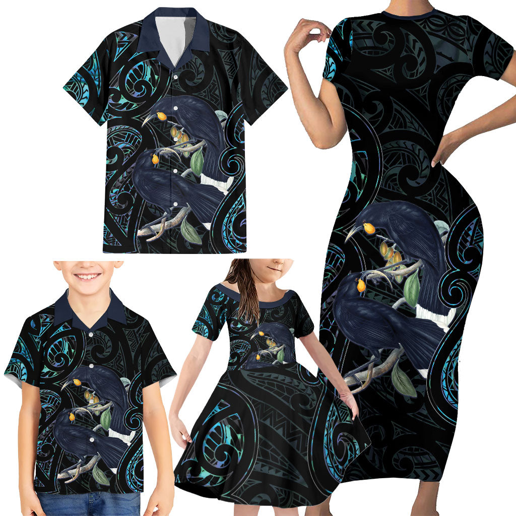 New Zealand Huia Bird Family Matching Short Sleeve Bodycon Dress and Hawaiian Shirt Paua Shell Maori Pattern