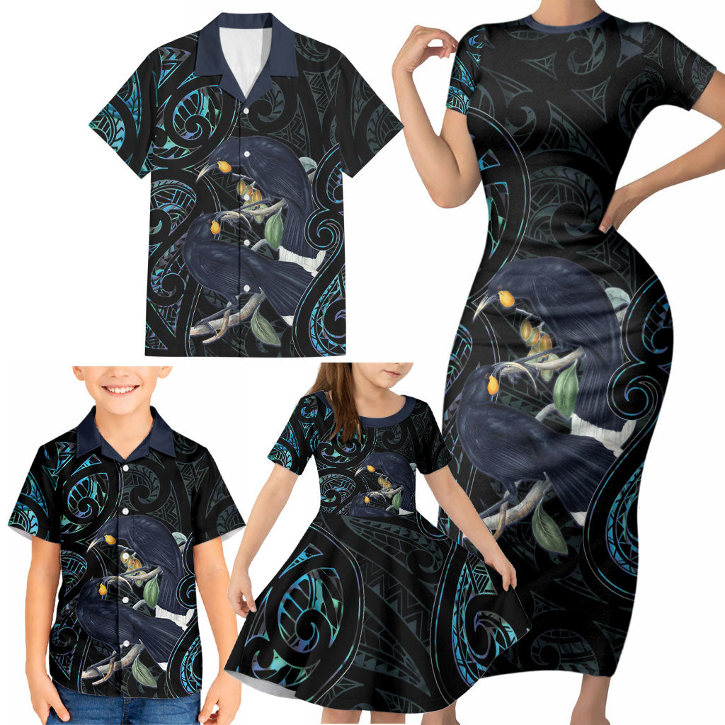 New Zealand Huia Bird Family Matching Short Sleeve Bodycon Dress and Hawaiian Shirt Paua Shell Maori Pattern LT22 - Polynesian Pride