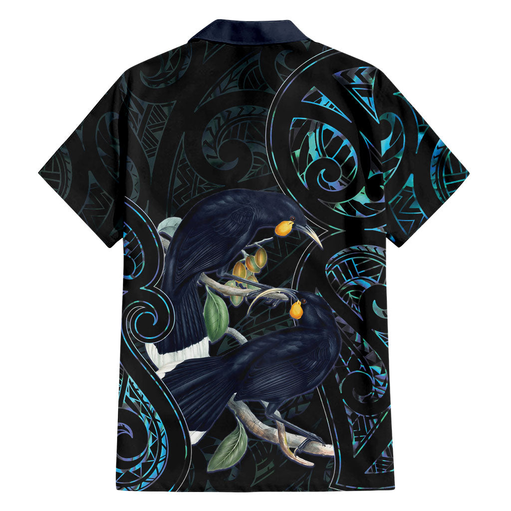 New Zealand Huia Bird Family Matching Short Sleeve Bodycon Dress and Hawaiian Shirt Paua Shell Maori Pattern