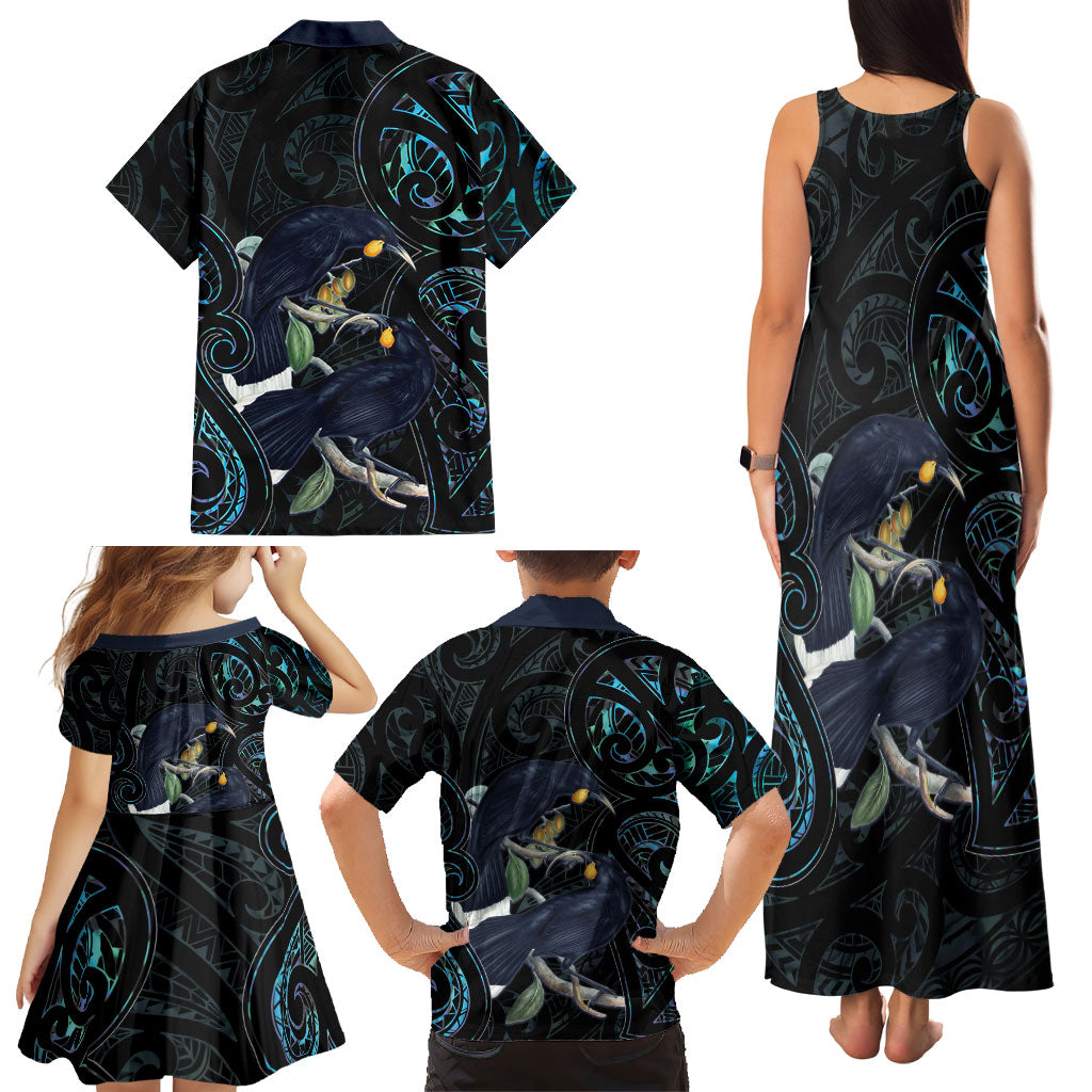 New Zealand Huia Bird Family Matching Tank Maxi Dress and Hawaiian Shirt Paua Shell Maori Pattern