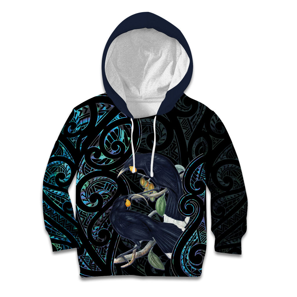 New Zealand Huia Bird Kid Hoodie Paua Shell Maori Pattern